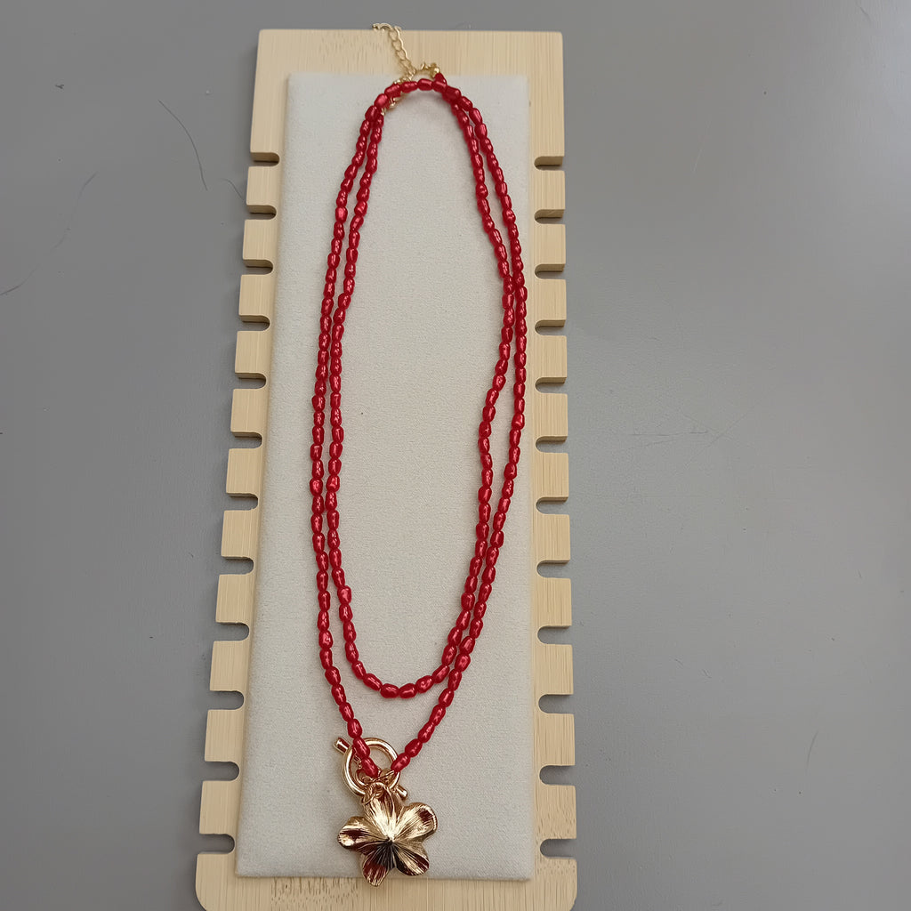 Collier Double Rang Perles Rouges