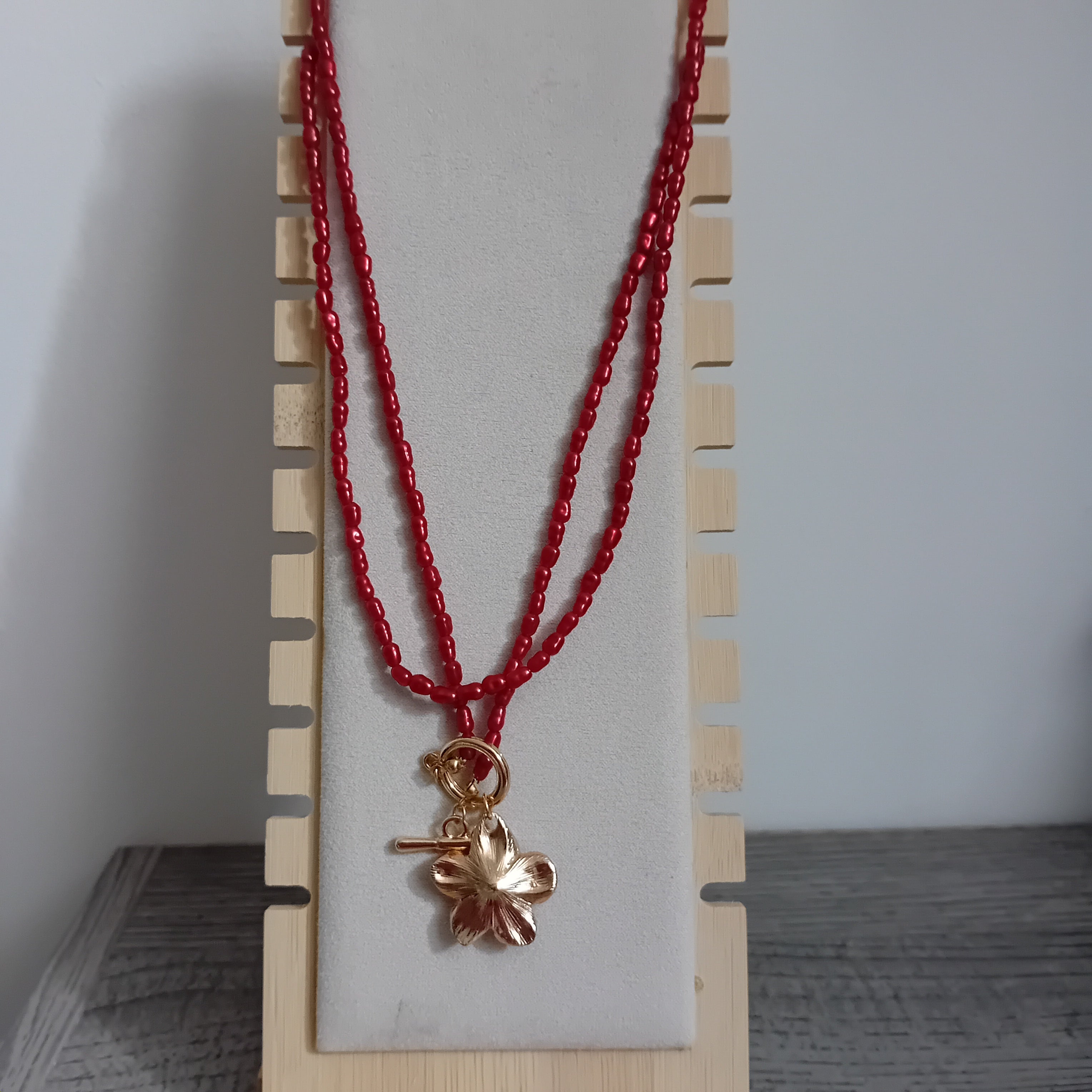 Collier Double Rang Perles Rouges