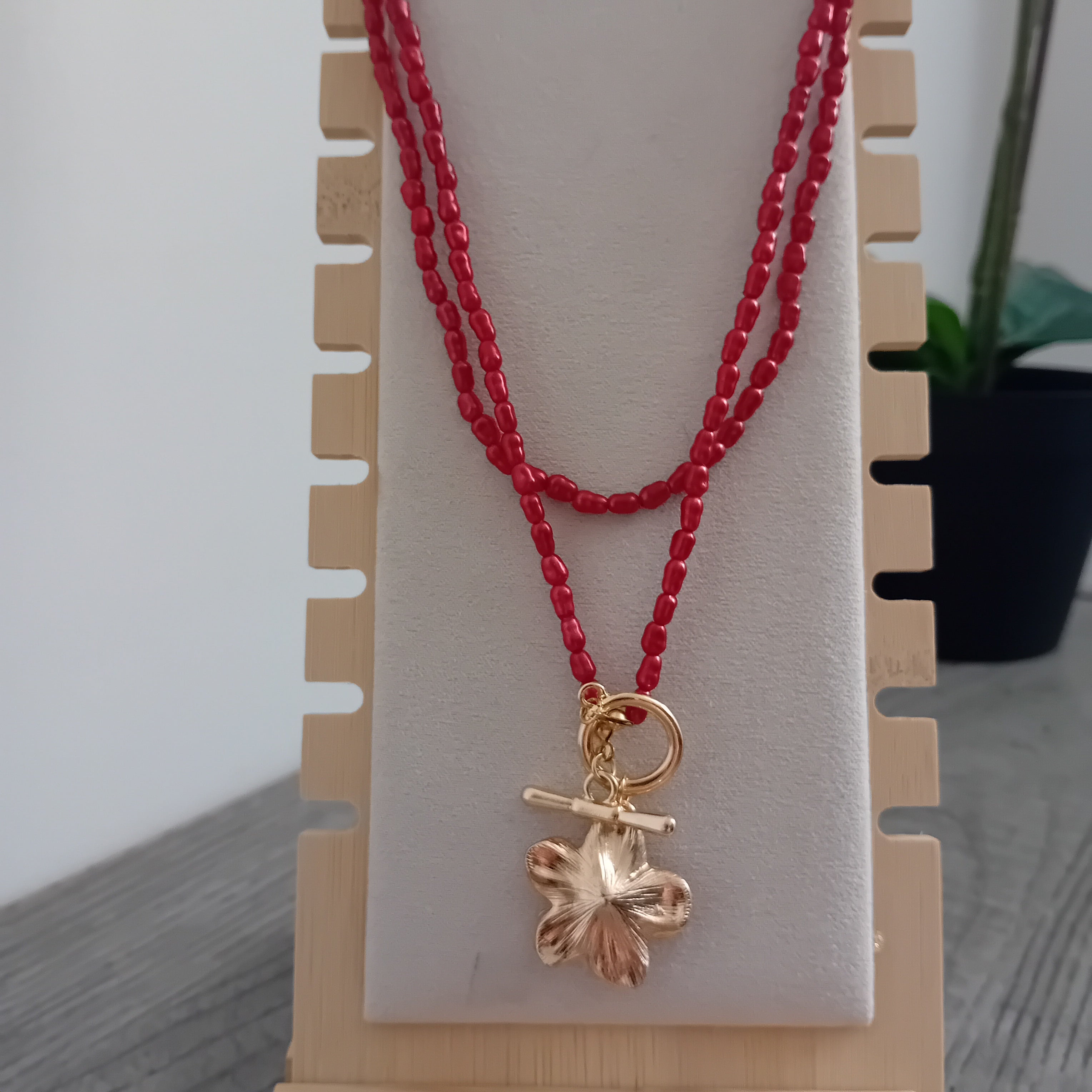 Collier Double Rang Perles Rouges