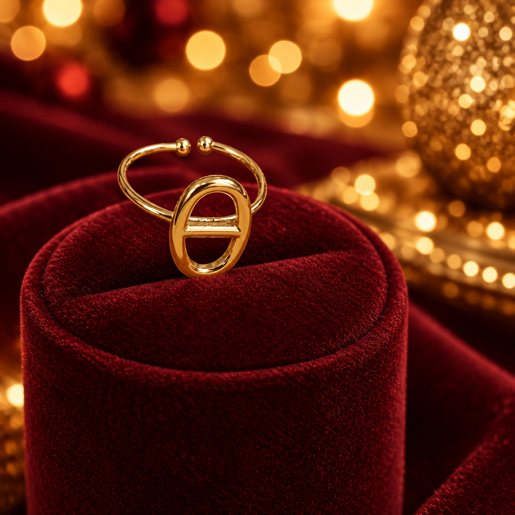 Bague maille marine sur velours bordeaux, ambiance de fêtes
