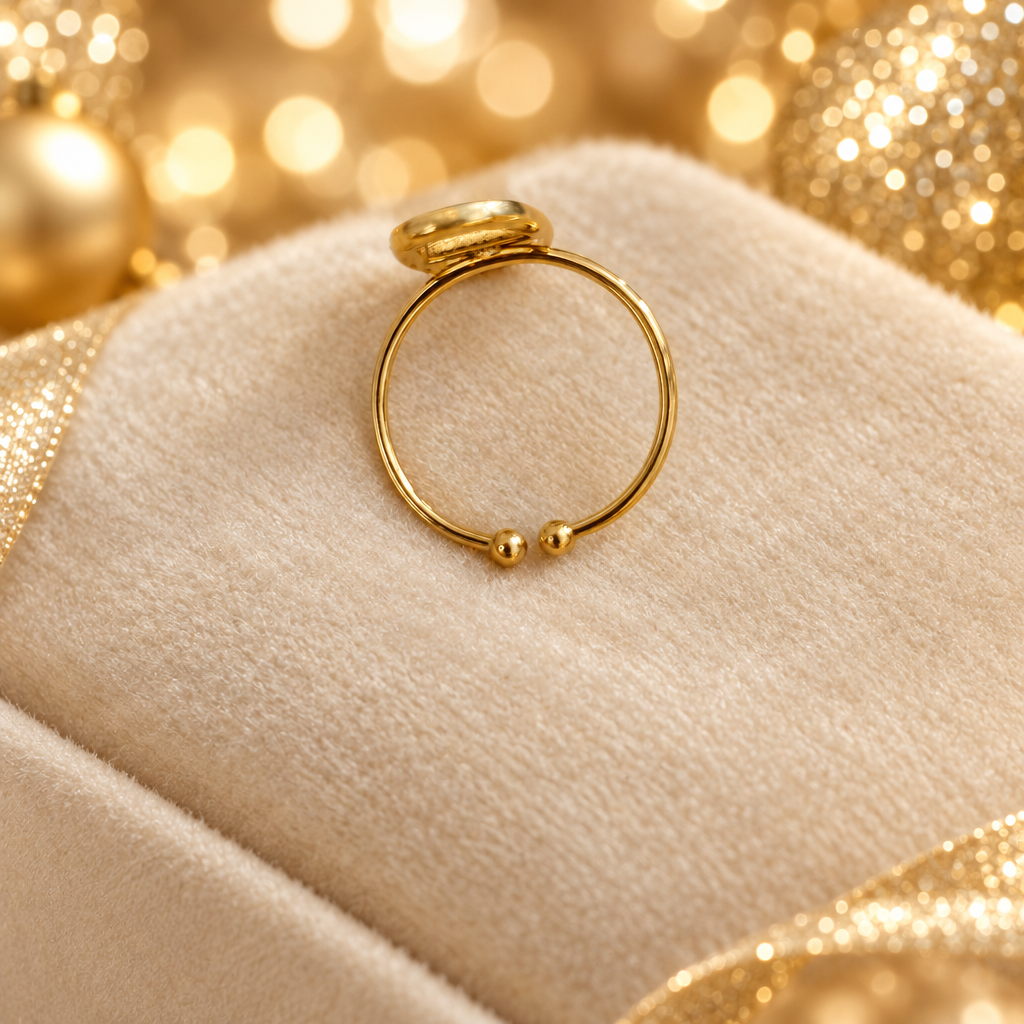 Bague maille marine sur velours ivoire, ambiance de fêtes champagne et or