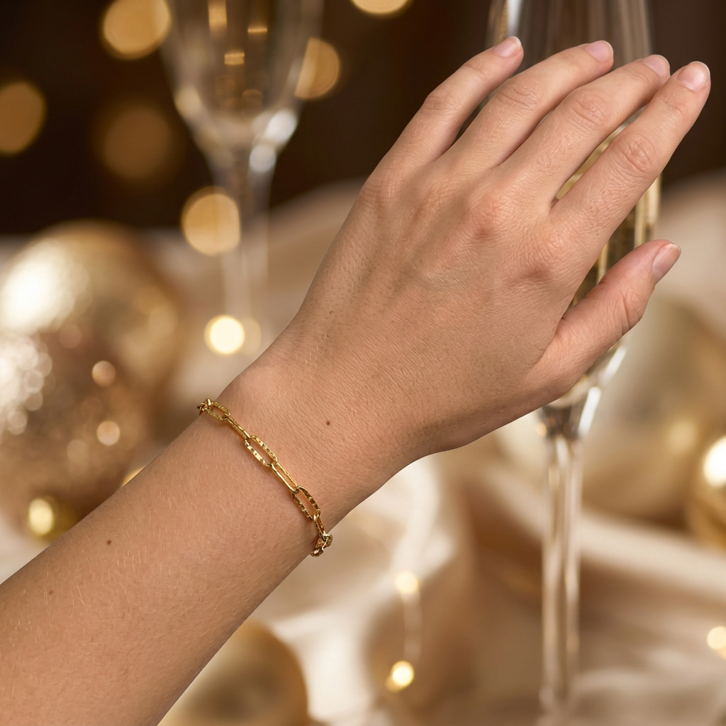 Bracelet mis en valeur sur un bras avec une main visible dans une ambiance festive