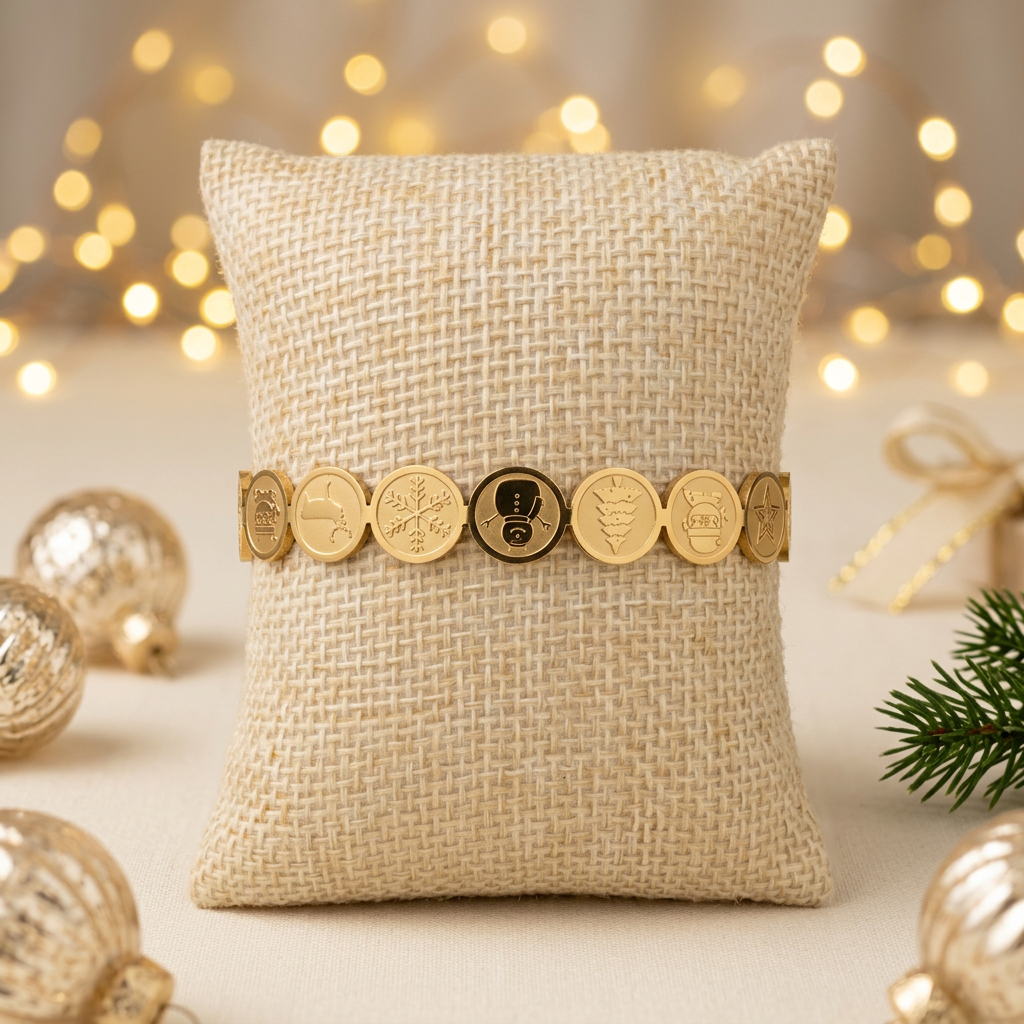 Bracelet sur un coussin redressé dans un décor festif