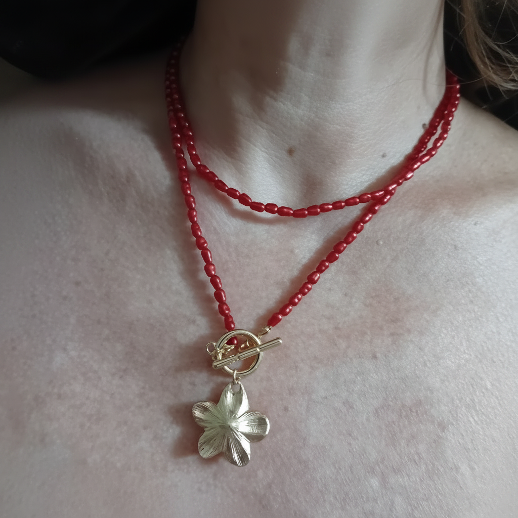 Collier Double Rang Perles Rouges