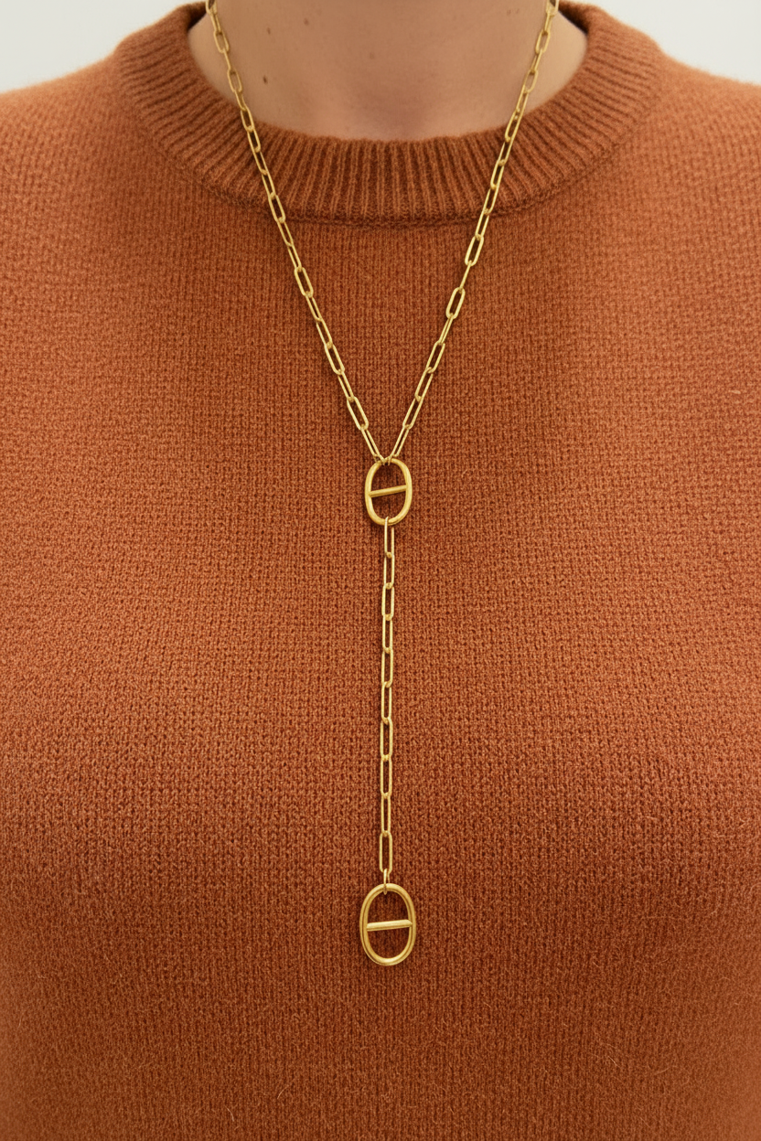Sautoir avec pull en laine terracotta