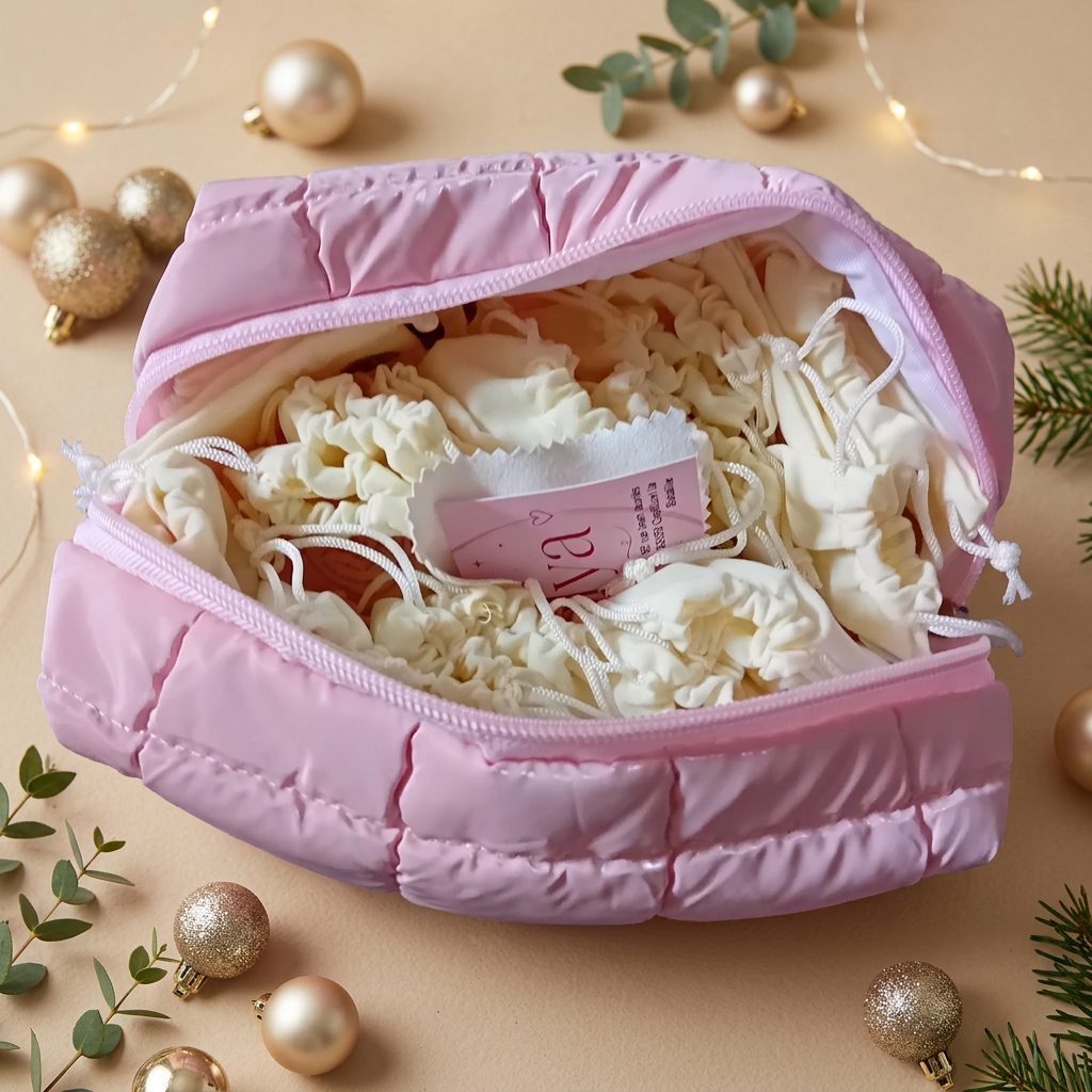 Trousse ouverte et ses pochons dans un décor de Noël beige et doré