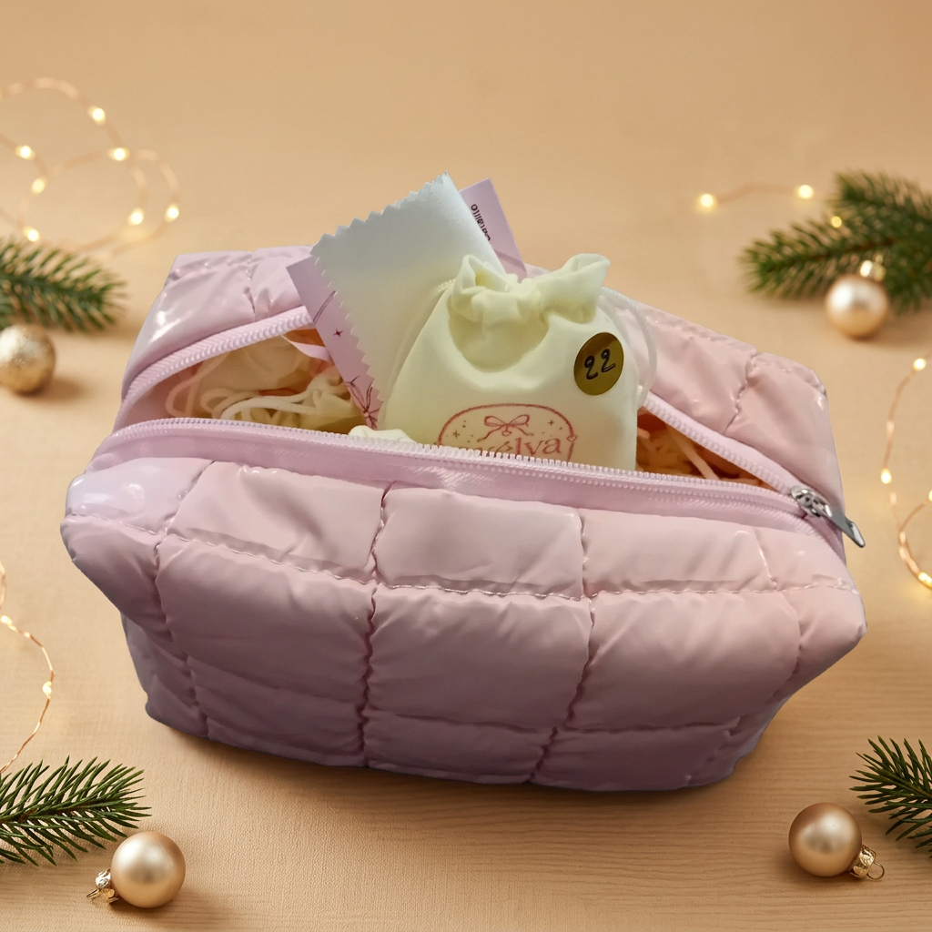 Trousse rose et son contenu mis en valeur sur un fond beige aux touches de Noël
