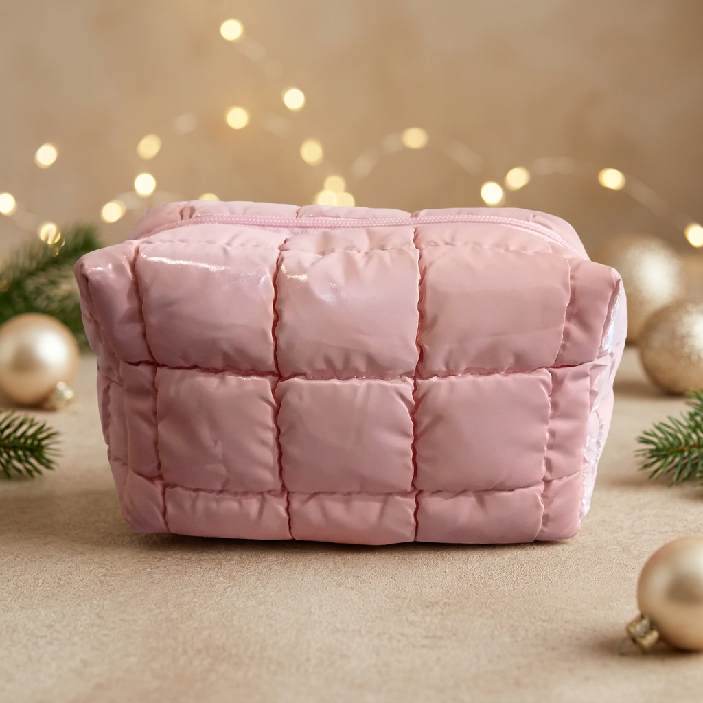 Trousse rose sur fond beige festif de Noël